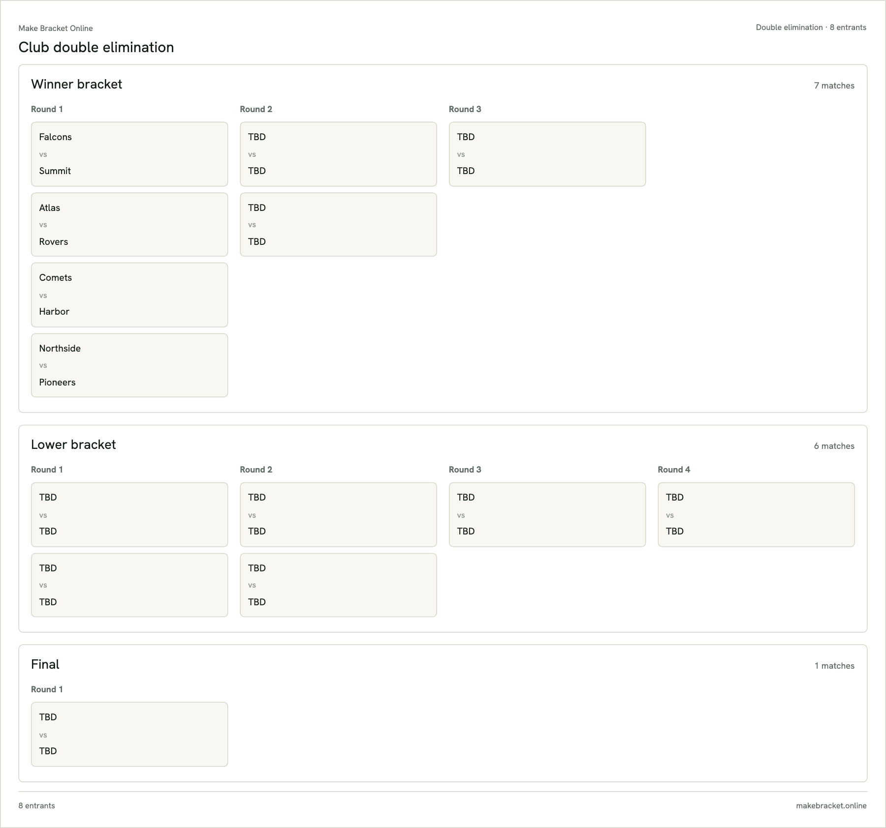 Double elimination bracket maker preview with winners, lower and final groups