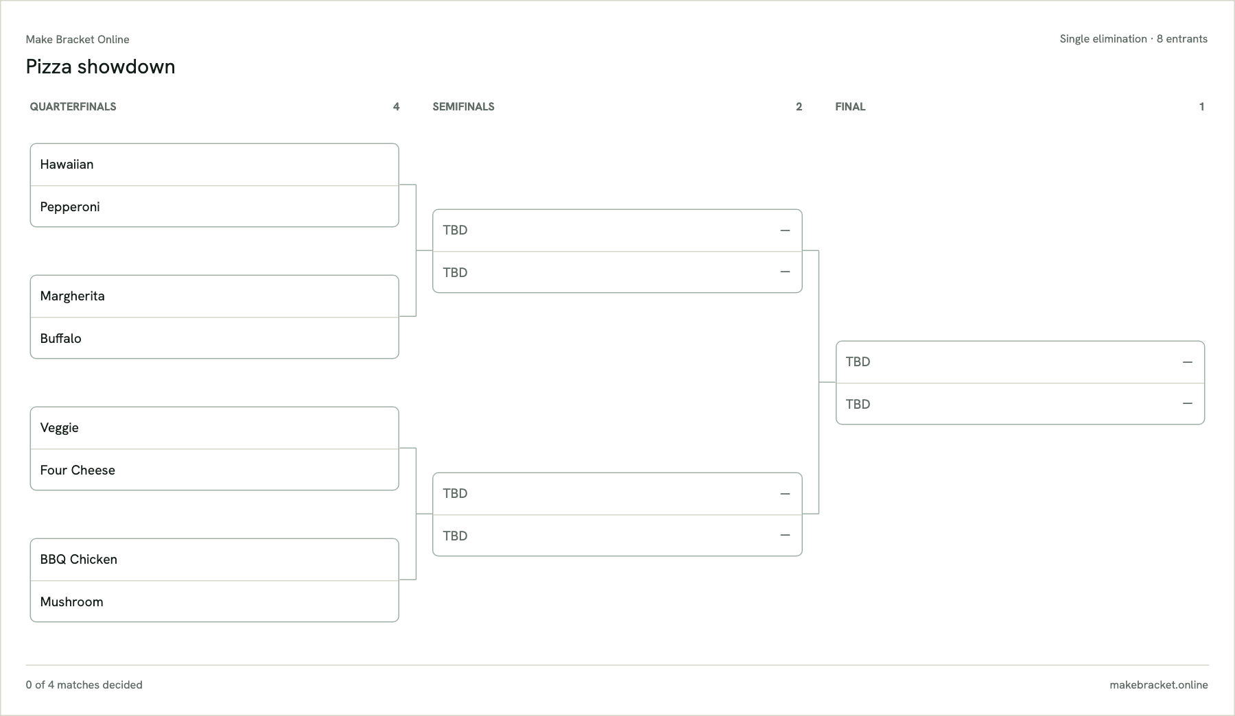 Random bracket generator with a visible draw seed and eight randomized names