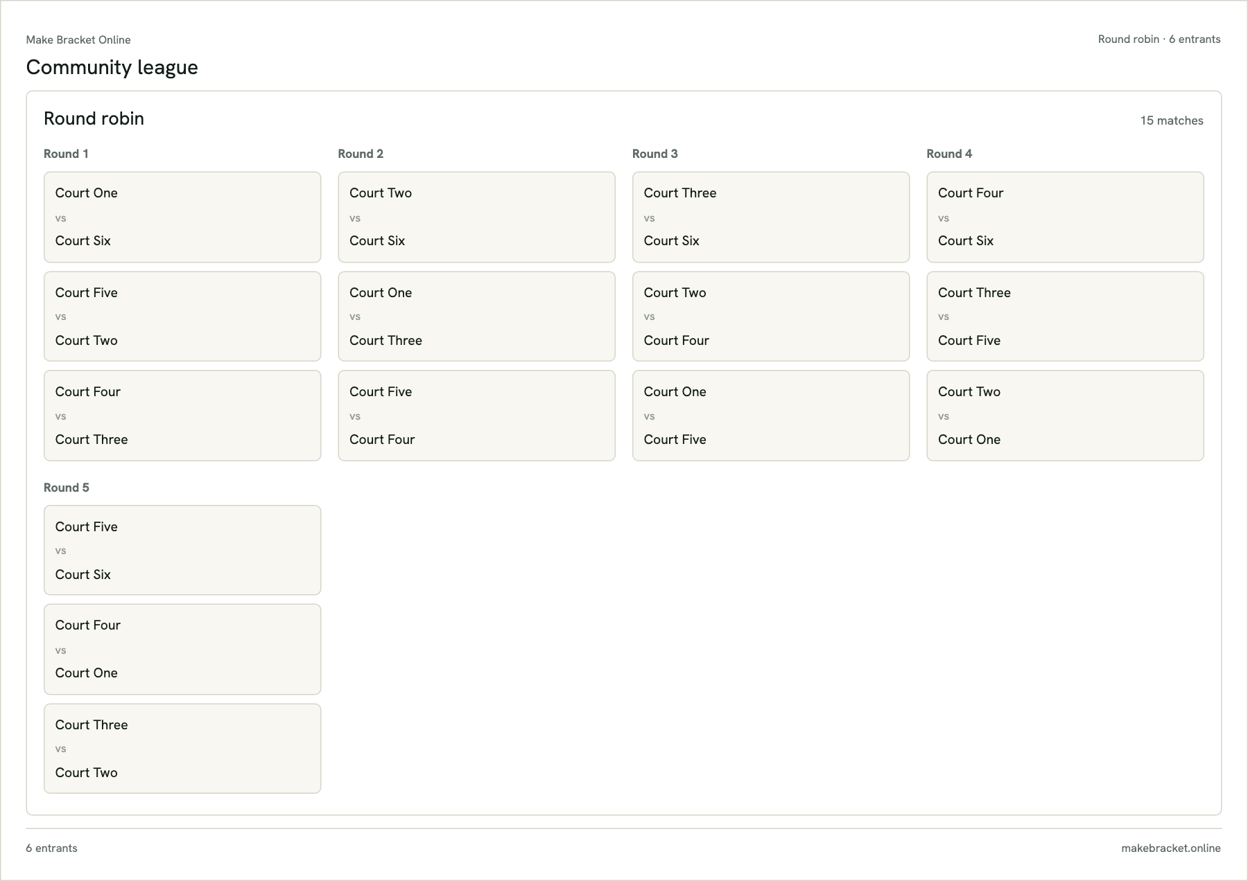 Round robin generator showing five rounds and 15 matches for six entrants
